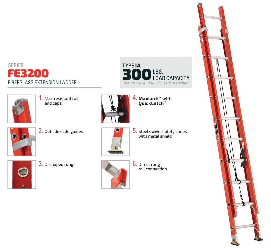LITE 24-Foot 300-Pound Fiberglass Extension Ladder Bundle with 16-Foot 300-Pound Louisville Orange Extension Ladder