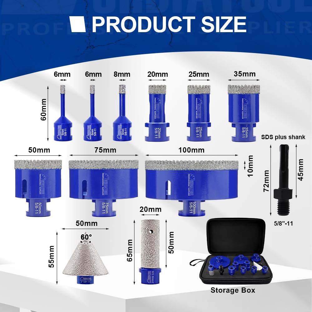 Diamond Core Drill Bits Set 12PCS - DARTOTEK Tile Hole Saw Kit (6/6/8/20/35/50/65/100/20mm/2/SDS/HEX for Porcelain, Ceramic Tile, Granite, Marble, Masonry