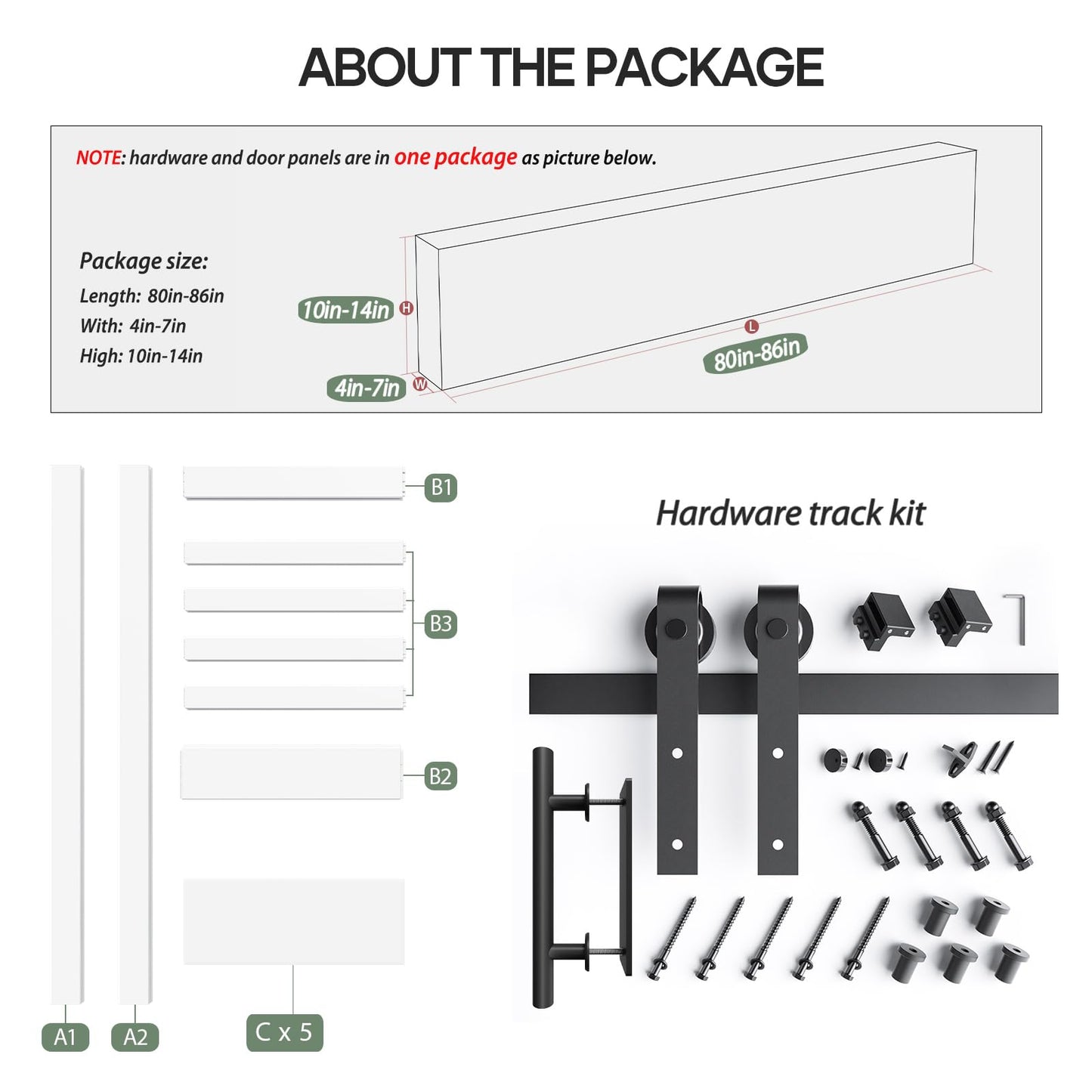 Fredbeck 36inx80in White Barn Door and 6.6FT Sliding Barn Door Hardware Kit Included,Solid,MDF, PVC Surface,DIY Assembly,5-Panel,Fit 33in-34in Opening