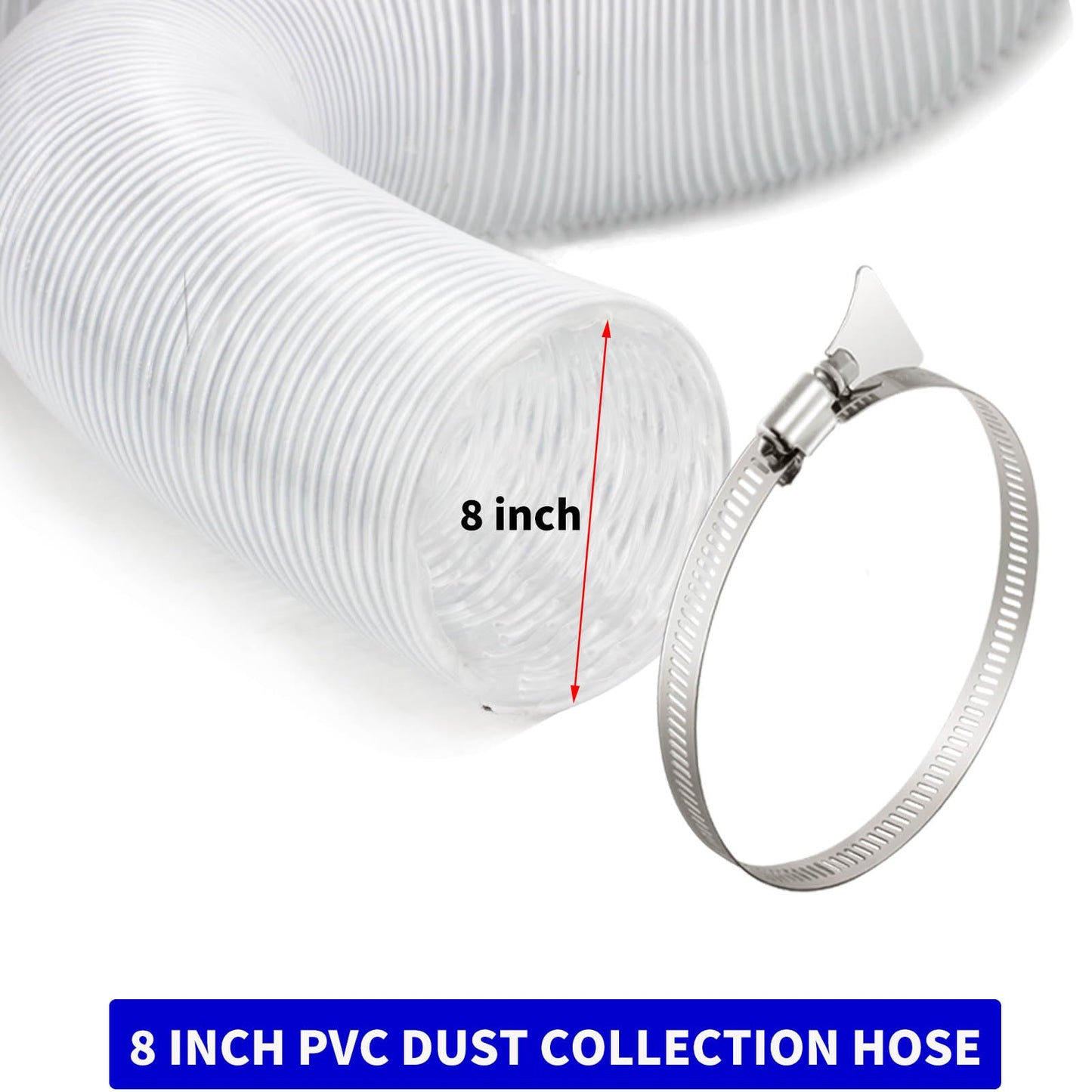 JUYO VONSAN 8 inch Dust Collection Hose 10ft Heavy Duty Flexible PVC Dust Collector Hose With Clamps (PVC, 8IN-10FT)