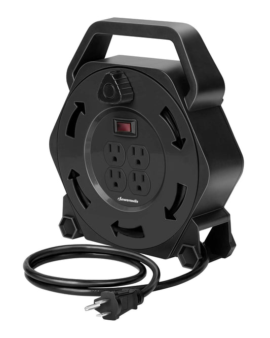 DEWENWILS Extension Cord Reel with 25 FT Power Cord, Hand Wind Retractable, 16/3 AWG SJTW, 4 Grounded Outlets, 13 Amp Circuit Breaker, Black, UL Listed