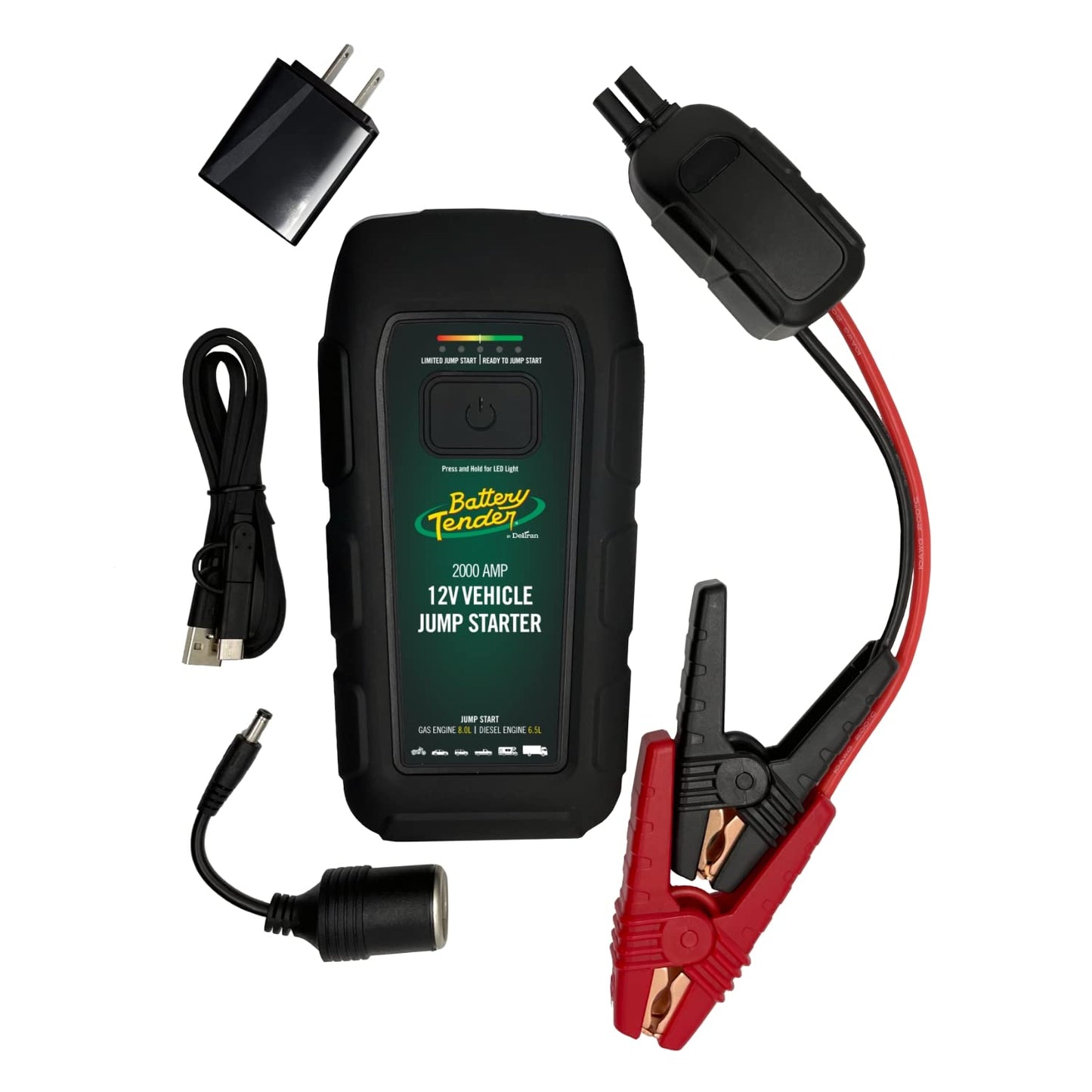 Battery Tender 2000 AMP Lithium Jump Starter - 16000mAh Portable Power Station - LED Flashlight Emergency Strobe - 3 Fast USB Charging Ports - 030-2030-WH