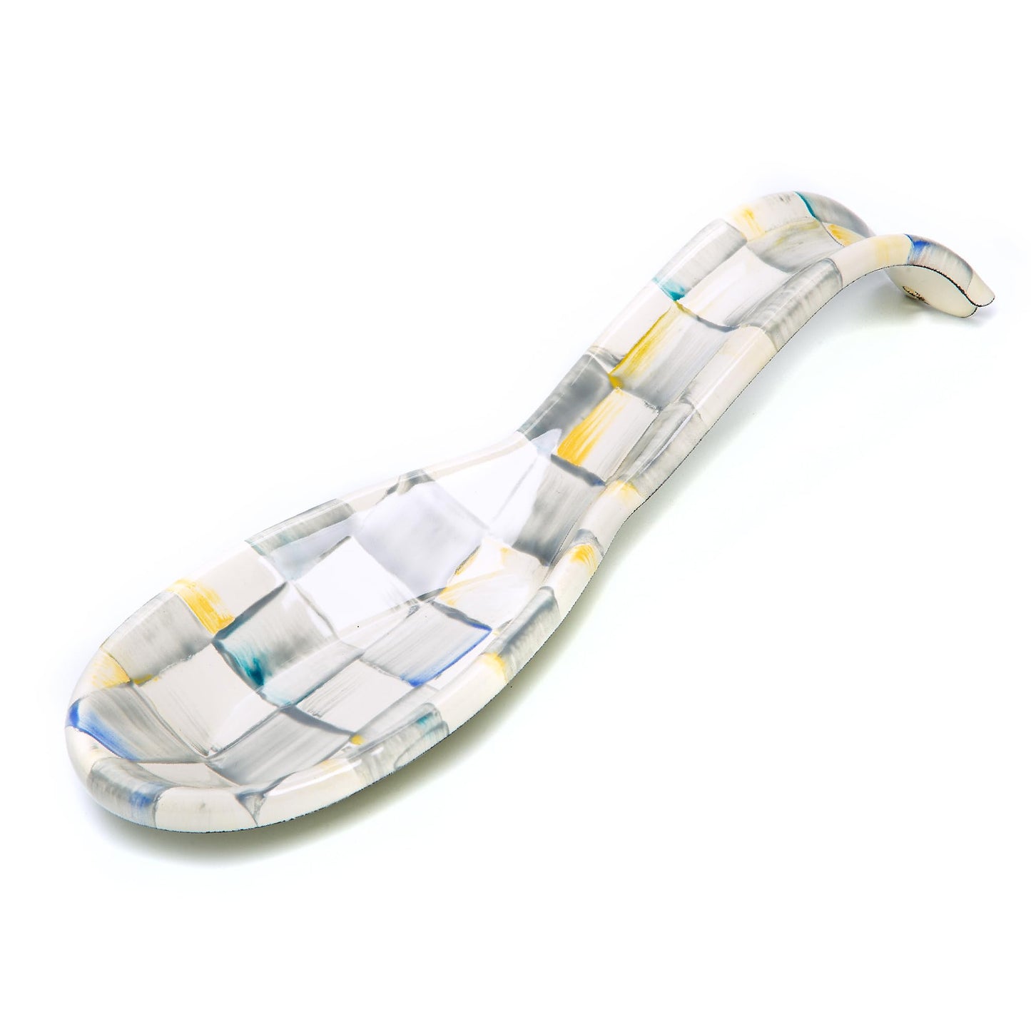 MACKENZIE-CHILDS Enamel Spoon Rest, Kitchen Spoon Holder and Utensil Rest for Stovetop, Grey-and-White Sterling Check