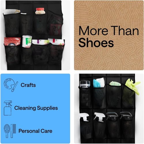GORILLA GRIP Over The Door Shoe Organizer - 24 Extra Large Breathable Mesh Pockets | Space-Saving Black Storage Solution