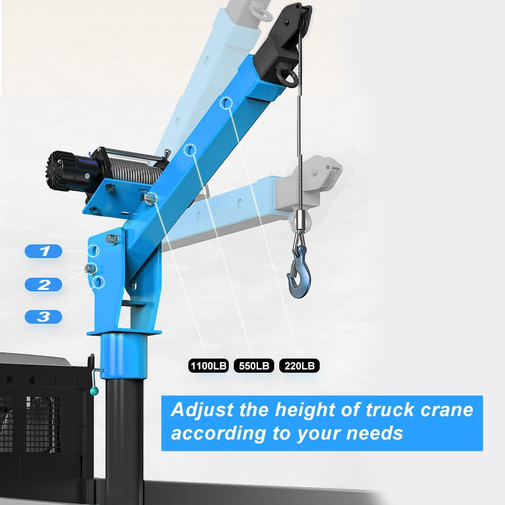 Pismire 1100lb Folding Truck Jib Crane with 3500lb 12V Electric Winch - 360° Swivel, Dual Remote (Infrared + Wired), Painted Steel for Pickup Trucks，Blue