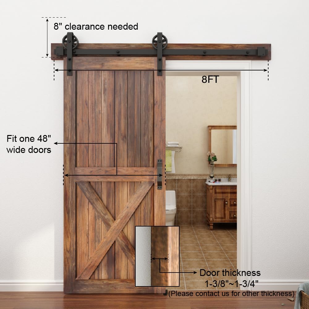 WINSOON 5-16FT Single Wood Sliding Barn Door Hardware Kit 8FT Basic Black Big Spoke Wheel Roller Garage Closet Carbon Steel Flat Track System (8FT)