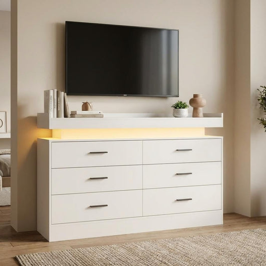 PeacefulHues TV Stand Cabinet with LED Lights & Charging Station, Coffee Bar Cabinet Floating Countertop, Modern Sideboard Buffet 6 Drawers for Home, Living Room, White