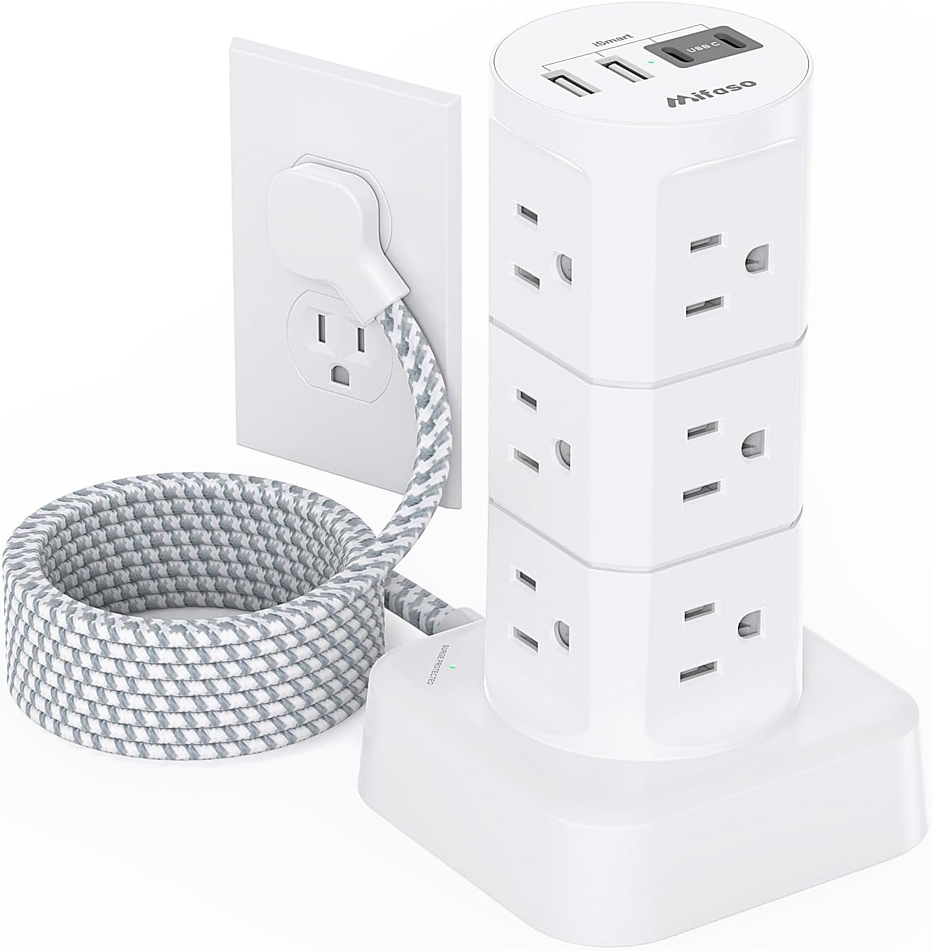 Mifaso 12 4 1875W/15A 1080J 6Ft Power Strips with Surge Protection, Flat Plug Power Strip with Outlets USB Ports