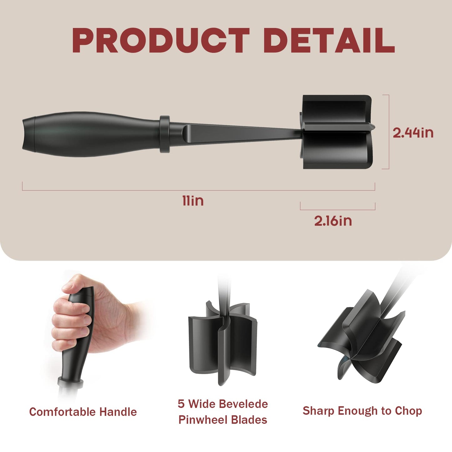 Meat Chopper, Hamburger Grinder, Premium Heat Resistant Smasher for Ground Beef, Burger Grinder Nylon Potato Mix Tool, Meat & Poultry Tenderizers-Black