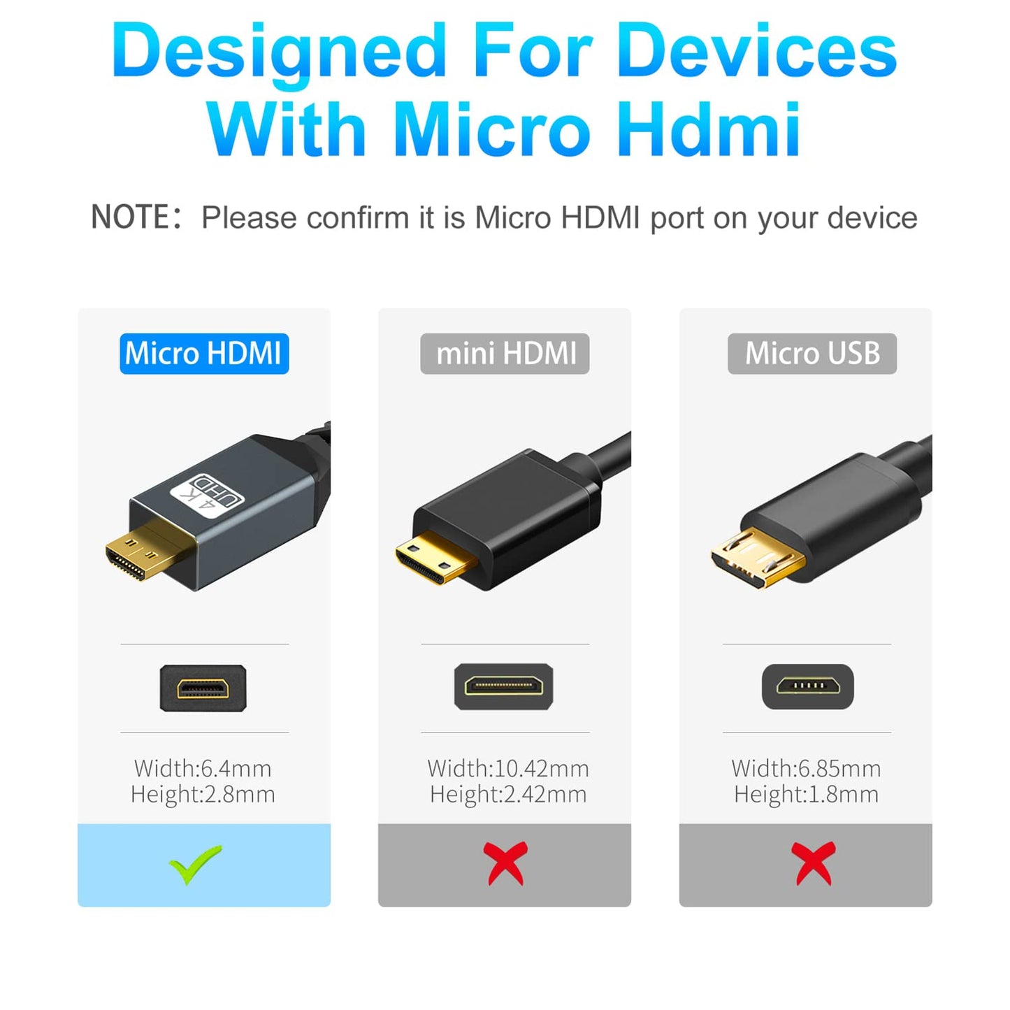 Twozoh 4K 25FT, 3D 4K/60Hz 1080p Long Micro HDMI to HDMI Cable High-Speed Full HDMI to Micro HDMI Braided Cord Support