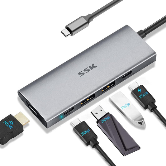 SSK 100W USB3.2 2 10Gbps 5 1 4K 2 1 2 3.2 Gen2 USB-C HUB, Gen in Type C Multiport Adapter with HDMI, USB C with PD
