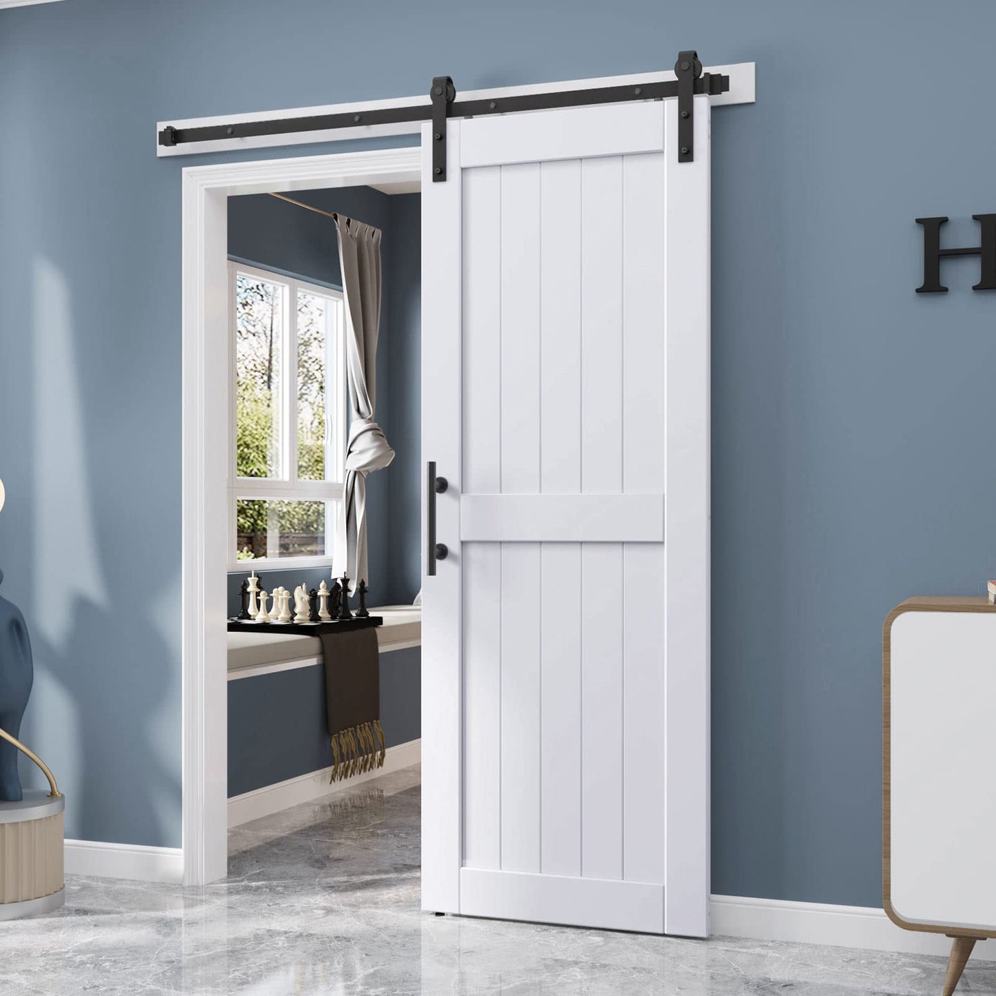 EaseLife 30 x 84 inch White Barn Door with 5.5FT Sliding Door Hardware Kit Included & Handle,Solid Wood Covered with Waterproof PVC Surface,DIY Assemblely,Easy Install,H-Frame,Fit 26-28in Wide Opening