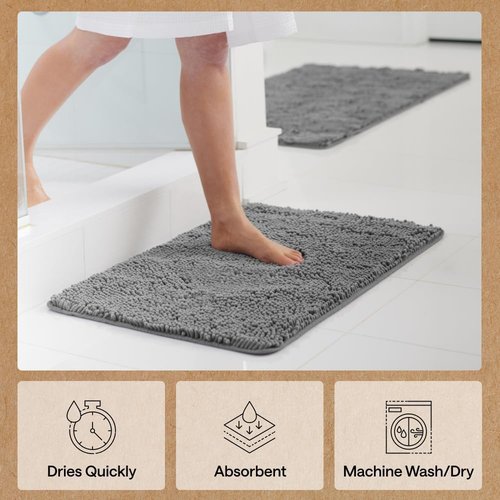 GORILLA GRIP Bath Rug Mat - Thick Soft Absorbent Chenille | Quick Dry Microfiber, 44x26, Grey