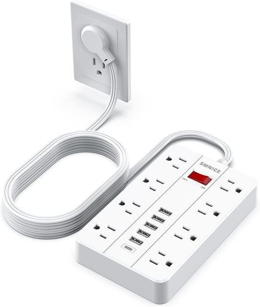 SMNICE 10 8 6USB(1 Power Strip Surge Protector, Flat Plug Long Extension Cord Ft with Widely Spaced Outlets USB C)