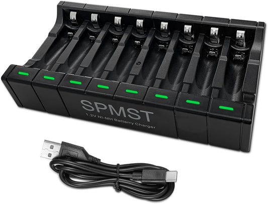 SPMST 1.2V 5V 2A 8-Slot AA AAA Battery Charger, Suitable for Ni MH Batteries, Type-C Fast LED Light as Charging