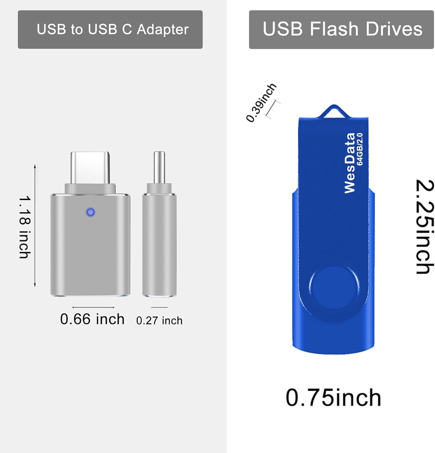 WesData 64GB 2.0 1 USB Flash Drive and USB C Adapter, Thumb Drive USB Memory Stick Jump Drive, Compatible with OTG Type