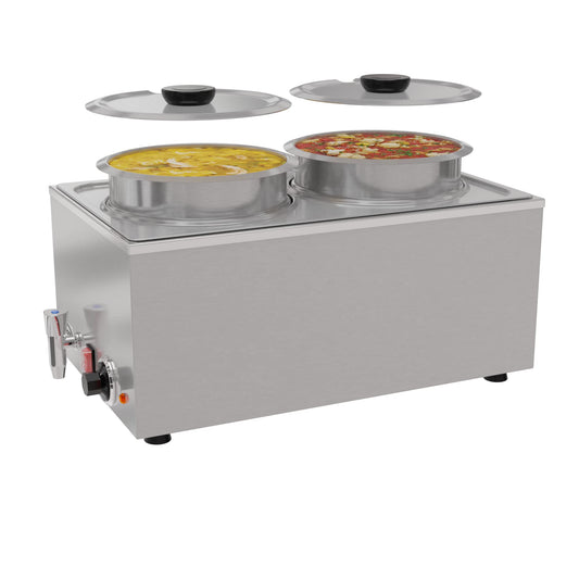 KoolMore Commercial Bain Marie Countertop Food Warmer, Soup Station, and Buffet Table Server with Two Serving Pots and Tap, Stainless-Steel Steamer with Auto Shut Off (CFW-4T), Silver