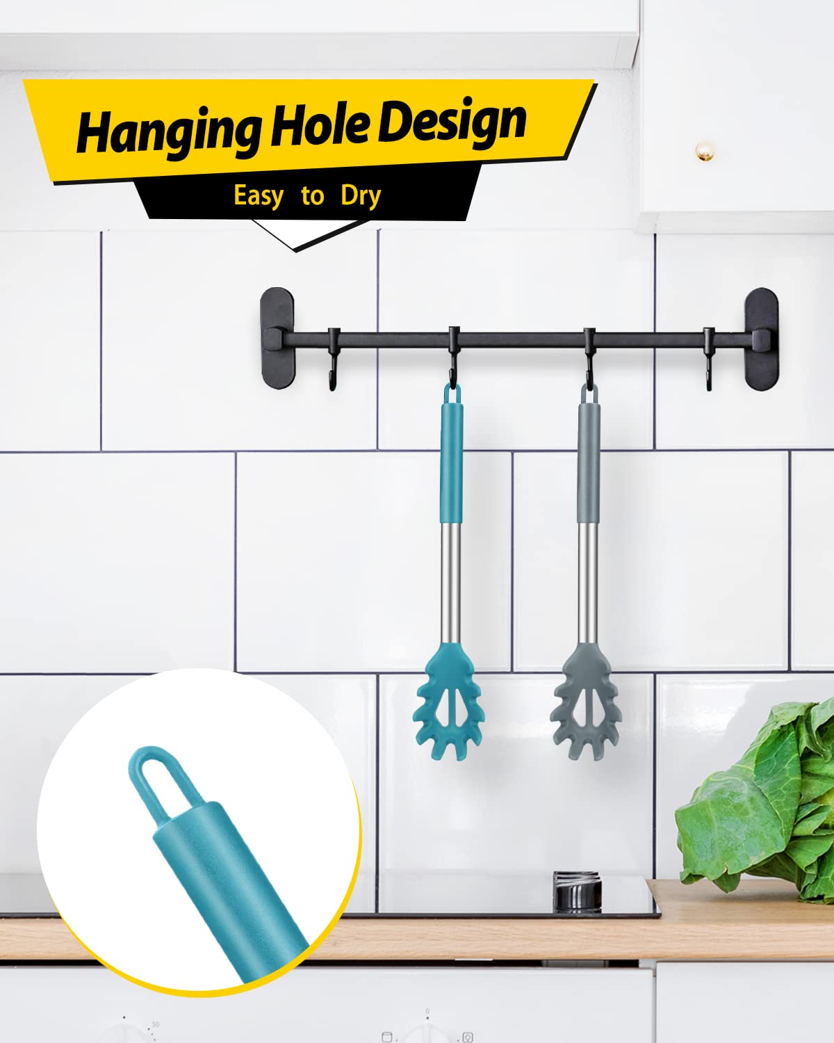 Pack of 2 Silicone Pasta Fork, Kitchen Heat Resistant Noodle Spoon Server, BPA Free Spaghetti Strainer, Best Cooking Tools (GRAY-BLUE)