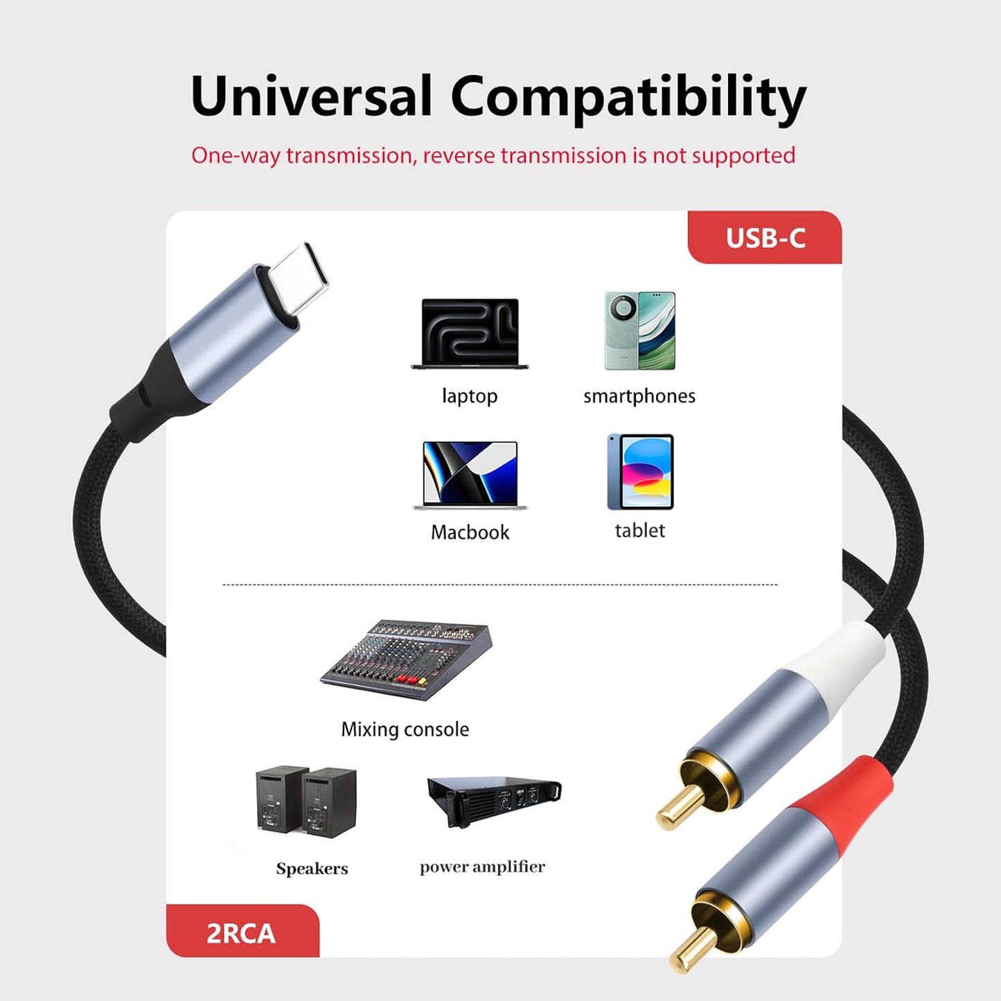 10FT USB-C to Dual RCA Cable - Digital to Analog Audio Cable with DAC Chip, Gold-Plated RCA Connectors, Dual-Shielded
