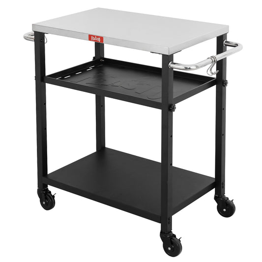 Feasto 3-Tier Outdoor Grill Cart, Rolling Pizza Oven Table with Compact 26.6" x 16.1" Stainless Top for Pizza Ovens & Griddles, Outdoor Bar Cart with S-Hooks for Patio Parties, Deck Dining & Camping