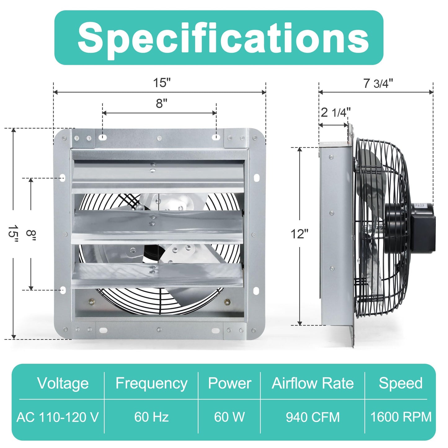 Hipoilk 12 Inch Shutter Exhaust Fan, Wall Mount Attic Fan with Thermostat and Speed Controller for Greenhouses, Sheds, Garages, Chicken Coops, Barns Ventilation, 970 CFM