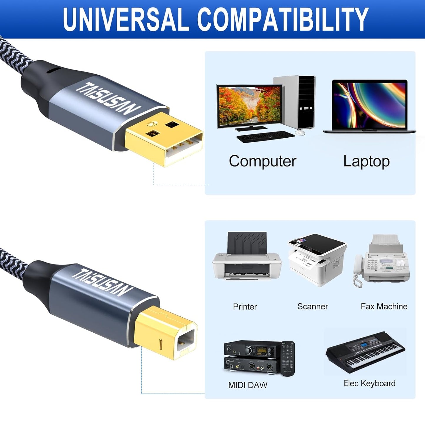 40ft, USB Printer Cable High Speed A to B Cord Compatible for Keyboard, MacBook, Printers and Scanners - Gray