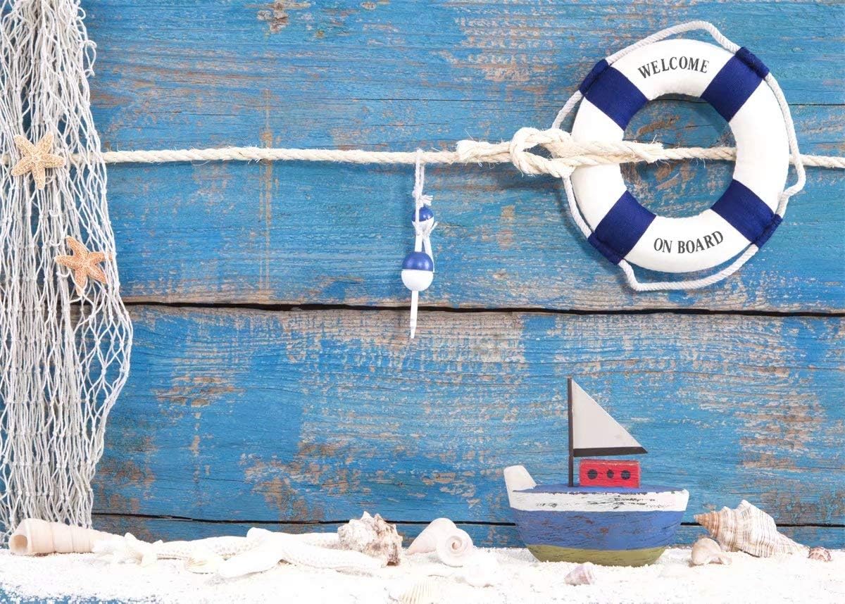 BELECO 10x6.5ft Fabric Nautical Backdrop Life Buoy and Toy Boat Shells on Blue Wooden Background Phtography Backdrop