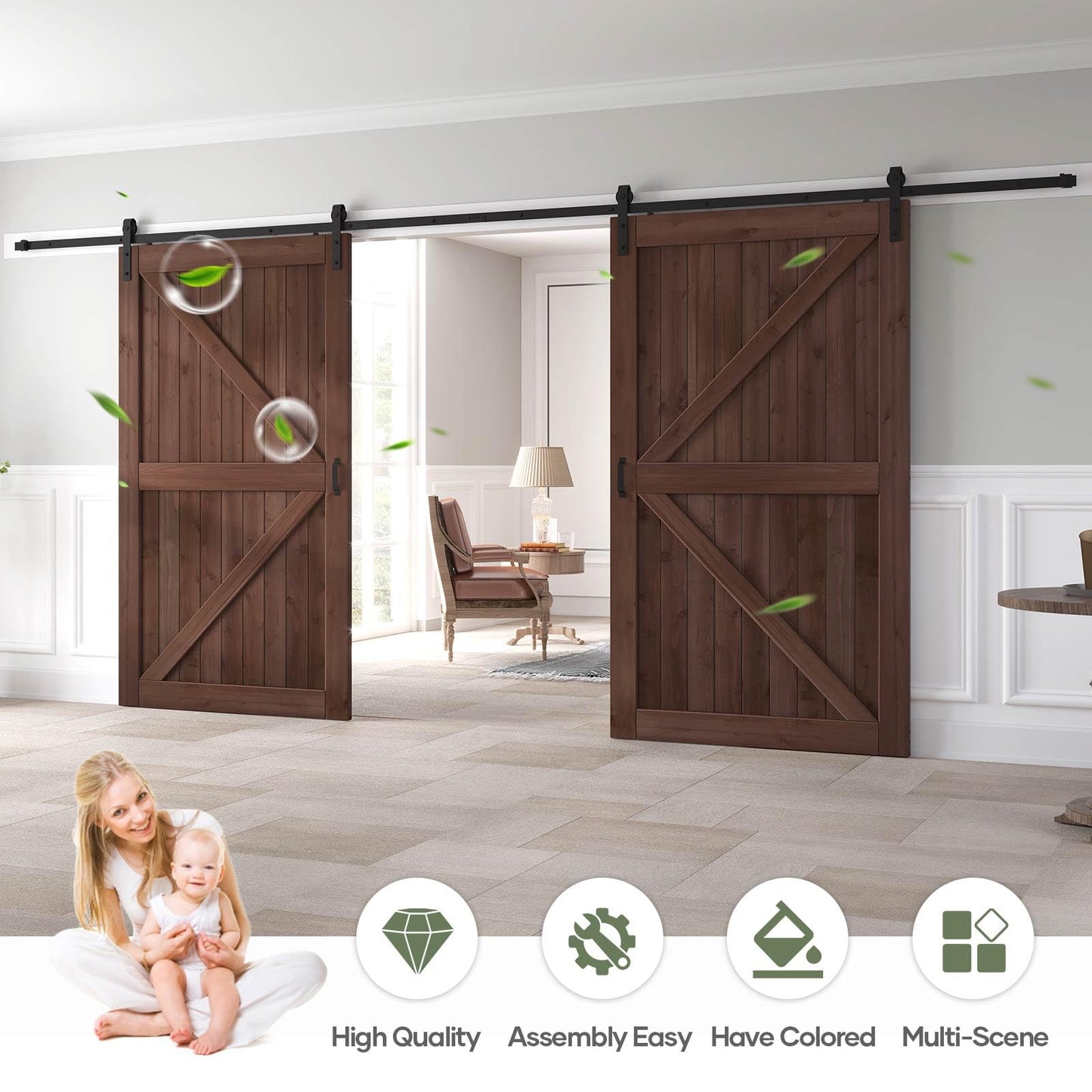 ROYMELO Double 48x84 inch Sliding Barn Wood Door Slab with 8ft Hardware Kit and Handle