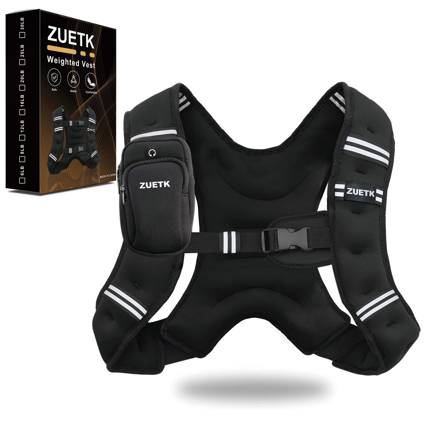ZUETK Weighted Vest, 5lb/6lb/8lb/10lb/12lb/16lb/20lb/25lb/30lb Weight Vest with Reflective Stripe, Weighted Vest for Men Women Workout Equipment for Strength Training, Running, Jogging, Weight Loss