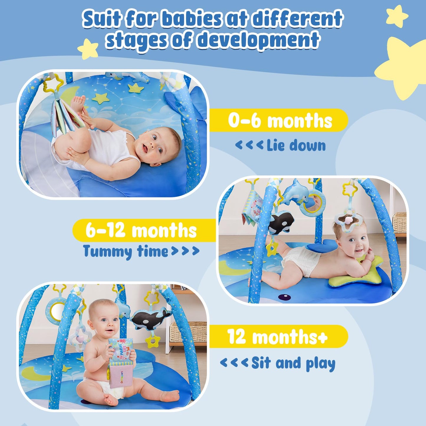 Dr.Rapeti 31x31inch Baby Play Mat, Activity Baby Play Gym with Arch, Playmats & Floor Gyms, Detachable Mirror and Squeaky Soft Set, Thick Non-Toxic Playmats