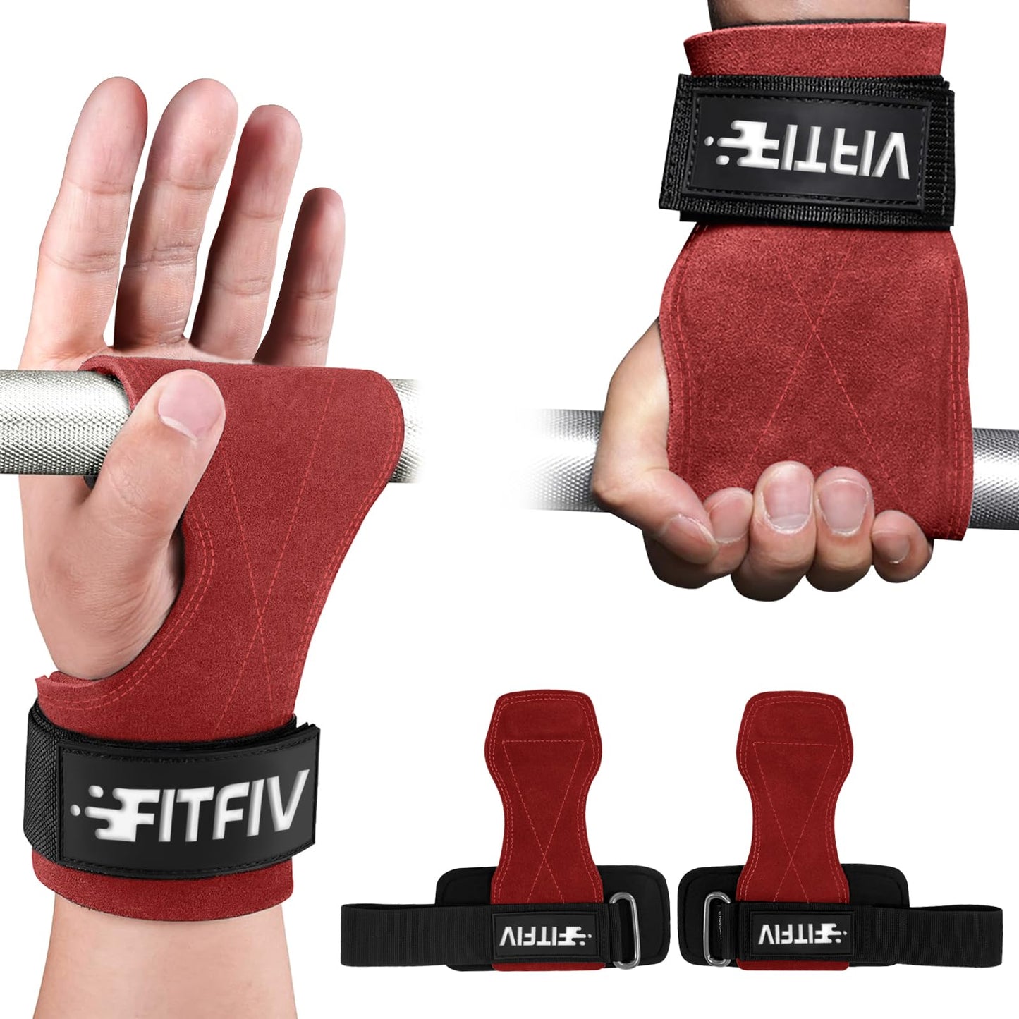 FITFIV Weight Lifting Wrist Strap, Double Leather Weightlifting Wrist Straps for Gym Strength Training, Neoprene Padded Wrist Wraps - for Men & Women (Pair)