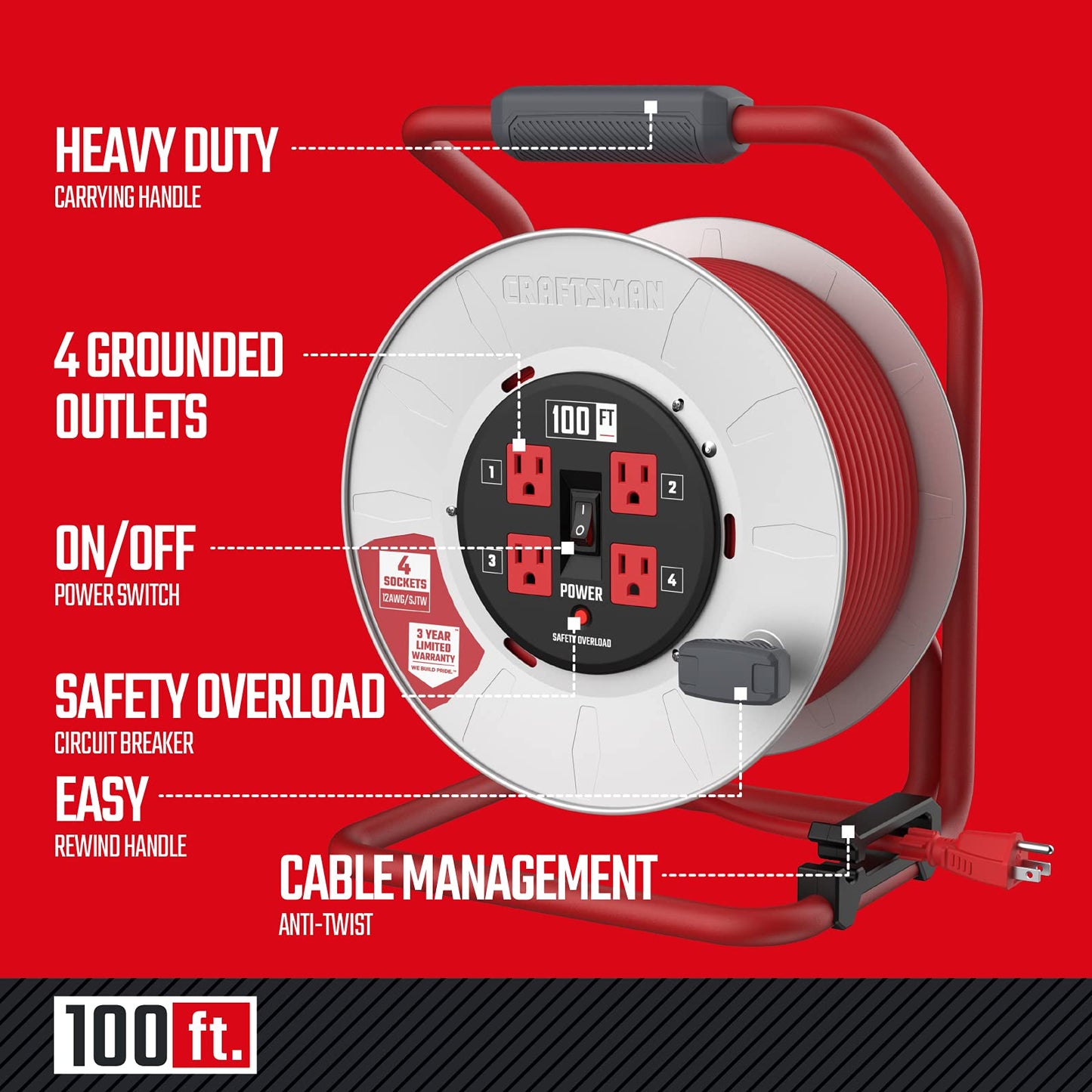 CRAFTSMAN 100 Ft. Contractor Retractable Extension Cord Reel with 4 Outlets & Heavy Duty 12AWG SJTW Cable