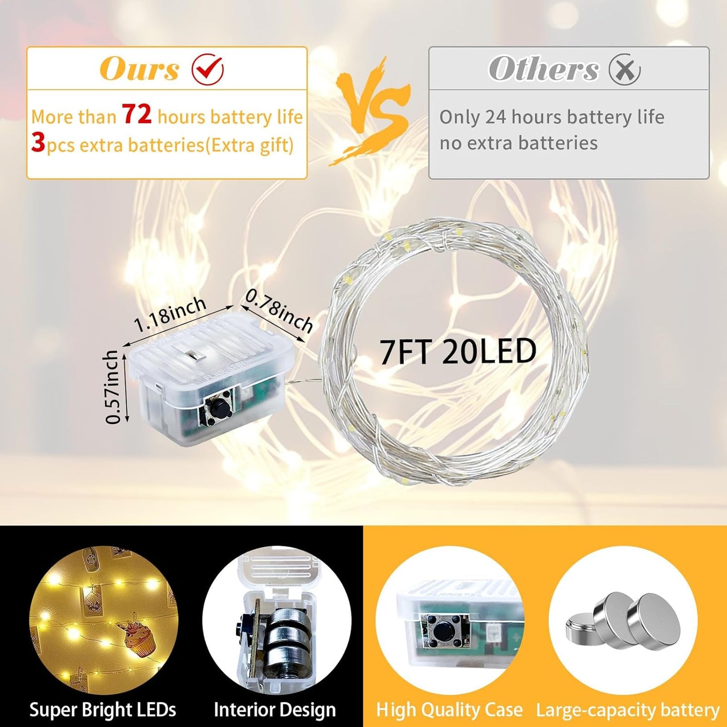 Skiennix 50 Pack Fairy Lights - 7Ft 20 LED Twinkle String Lights | Battery Operated & Waterproof for Weddings, Parties & Decor - Warm White & White