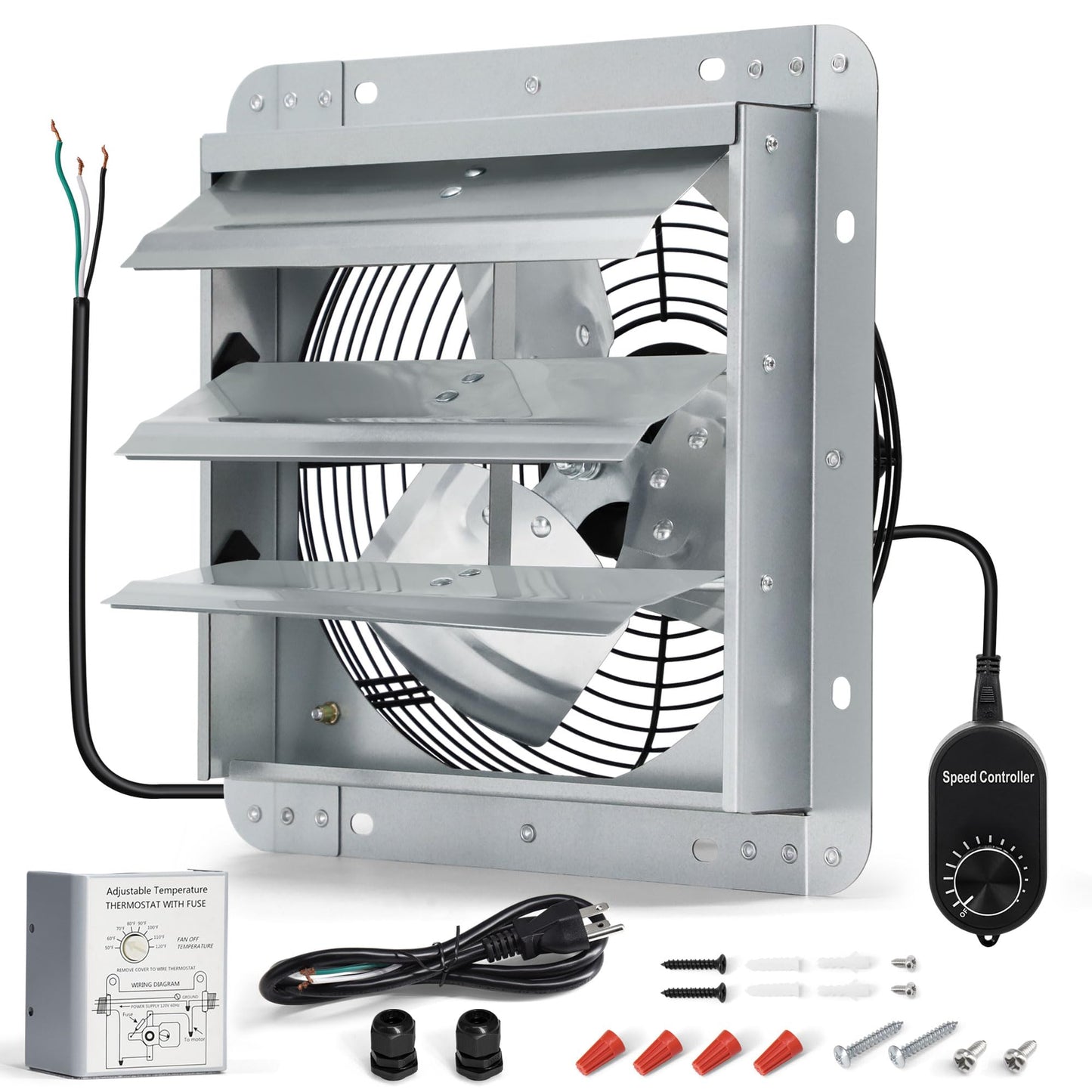Hipoilk 12 Inch Shutter Exhaust Fan, Wall Mount Attic Fan with Thermostat and Speed Controller for Greenhouses, Sheds, Garages, Chicken Coops, Barns Ventilation, 970 CFM