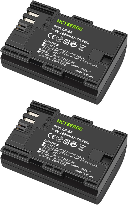 MCYIERDE 2-Pack LP-E6 LP-E6N 60D 70D 80D 90D 5D 5DS 6D R5 C700 XC10 XC15 Replacement Batteries Compatible with Canon
