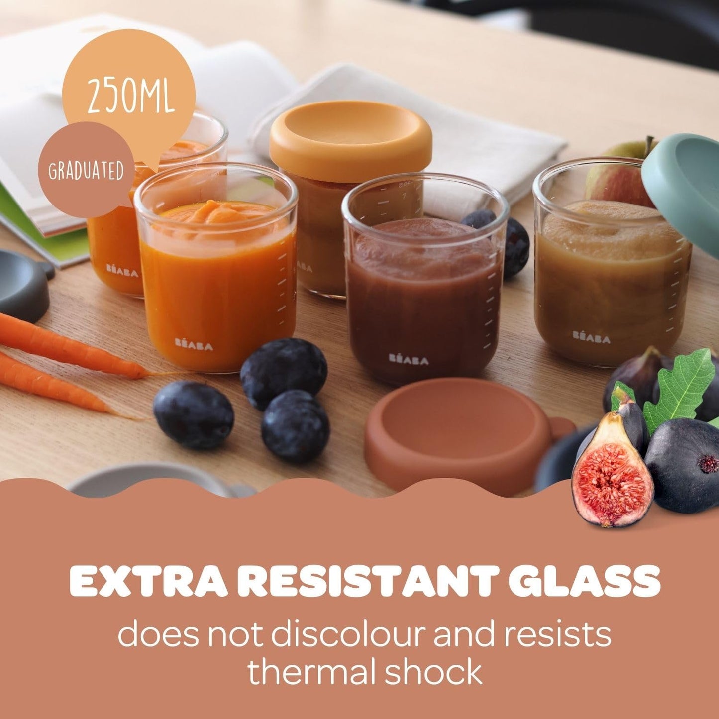 BEABA 6 Pack Glass Baby Food Jars with Soft Silicone Air Tight Lids, 8 oz Glass Storage Containers with Lids, Microwave and Freezer Safe Containers, Sunrise