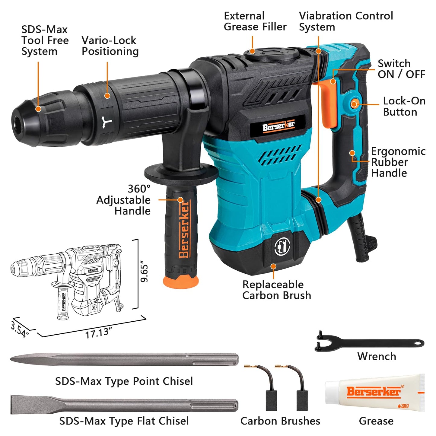 Berserker 12-Pound SDS-Max Demolition Jack Hammer with SDS Max Clay Spade, 4-1/2" x 18-1/2" Steel Shovel Bit