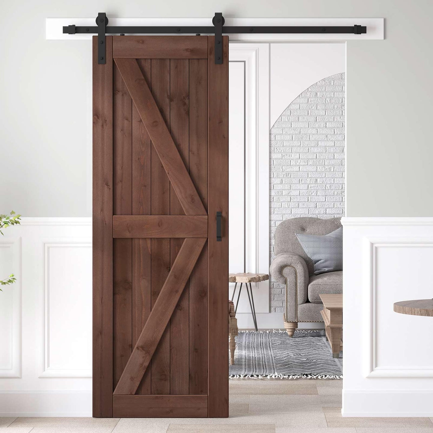 ROYMELO 30x80 inch Sliding Barn Wood Door Slab with 5ft Hardware Kit and Handle, Coffee, K Shape, Simple DIY Assembly