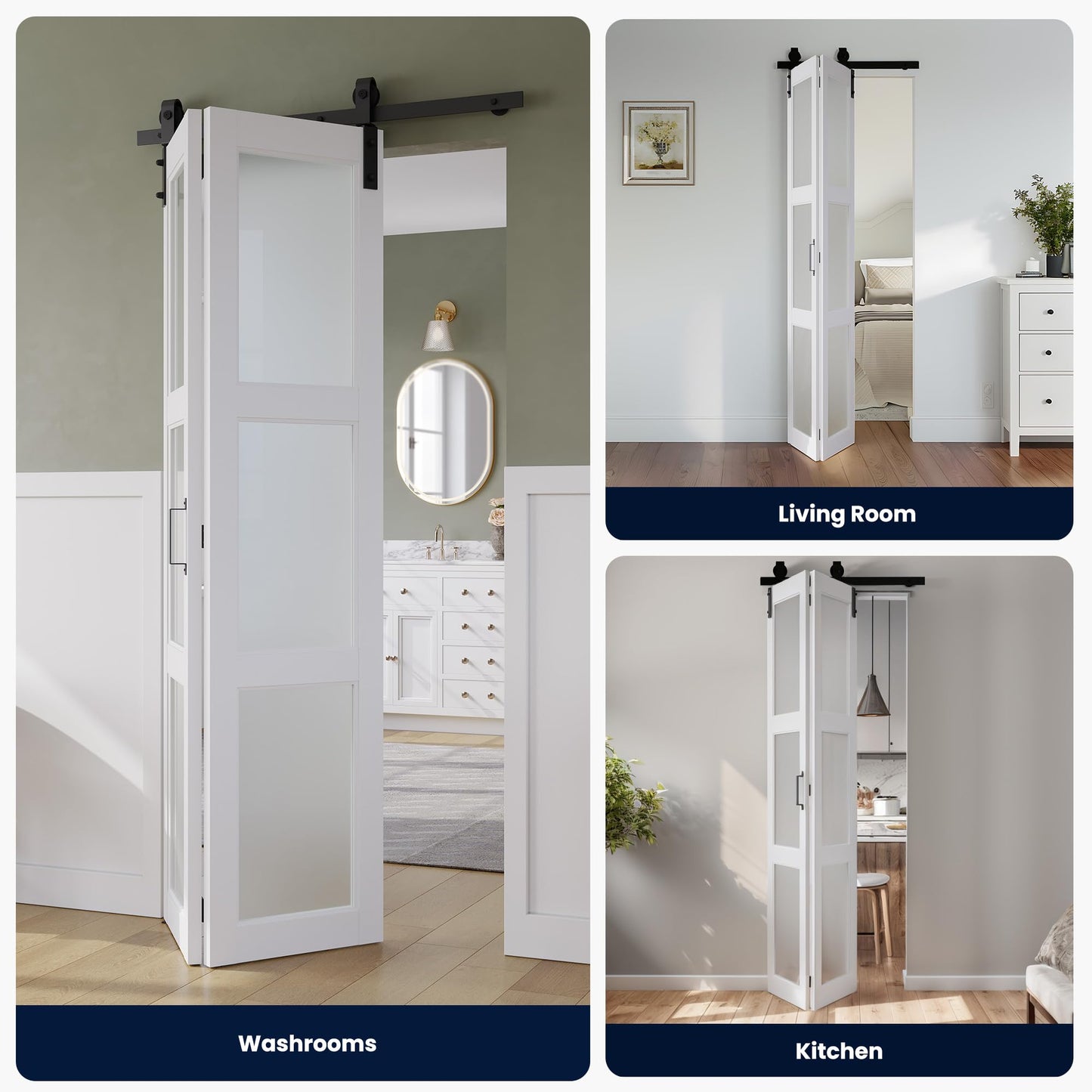 SMARTSTANDARD 56in x 84in Bifold Barn Door, Frosted Glass Barn Door with Hardware Kit Included, Pre-Drilled Holes Easy Assembly -Solid Barn Doors Slab Covered with Water-Proof PVC Surface, White