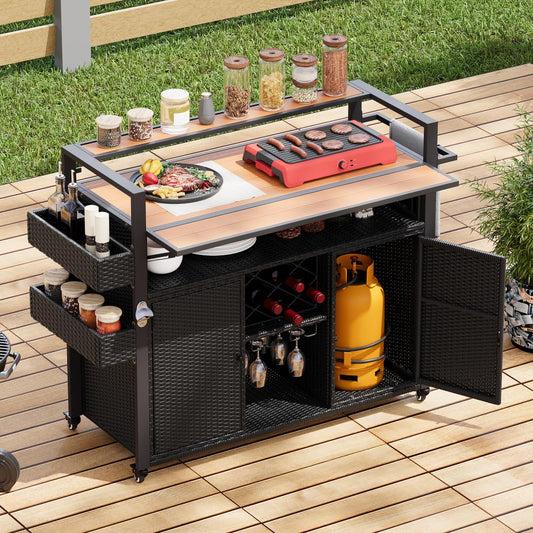 Dfchlda 52.8" Wicker Outdoor Grill Cart with Extended Plastic Wood Table Top, Rolling Kitchen Island with Storage Cabinet, Double Handle Design for Patio, Backyard, Garden, Poolside(Black Brown)