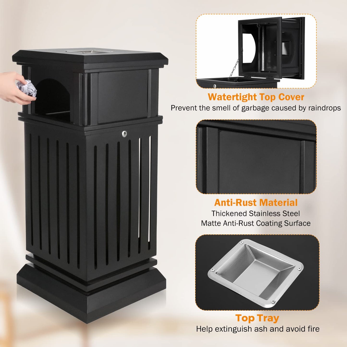 BEAMNOVA 35.5 * 15.8 * 15.8 in + 16.5 Gallon Open Top Trash Can Outdoor Top Tray Matte Black Stainless Steel Commercial Garbage Enclosure