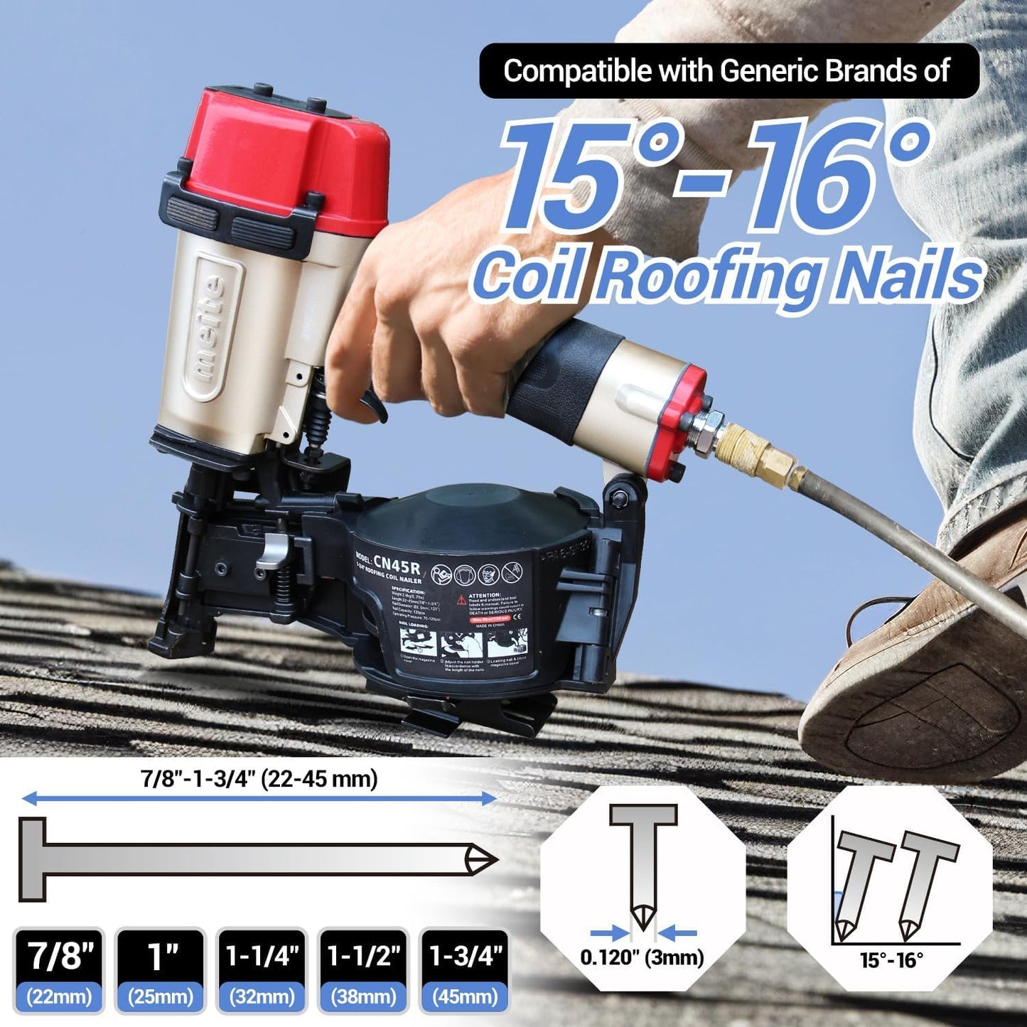 meite CN45R Coil Roofing Nailer Kit with 1-3/4" Coil Roofing Nails, 15 Degree Pneumatic Roof Nail Gun for Asphalt Shingles Underlayment Decking Roof Repair