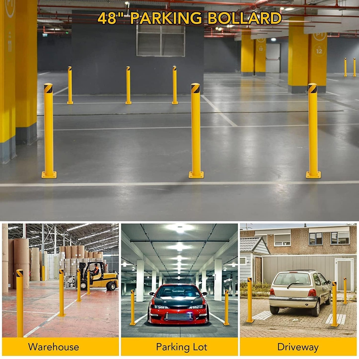 Safety Bollard, 6 Packs 48 Inch Height Bollard Post, 4.5 Inch Diameter, Yellow Safety Steel Bollard Post, with 24 Anchor Bolts, for Traffic Control, Driveway Barrier, Parking Pole