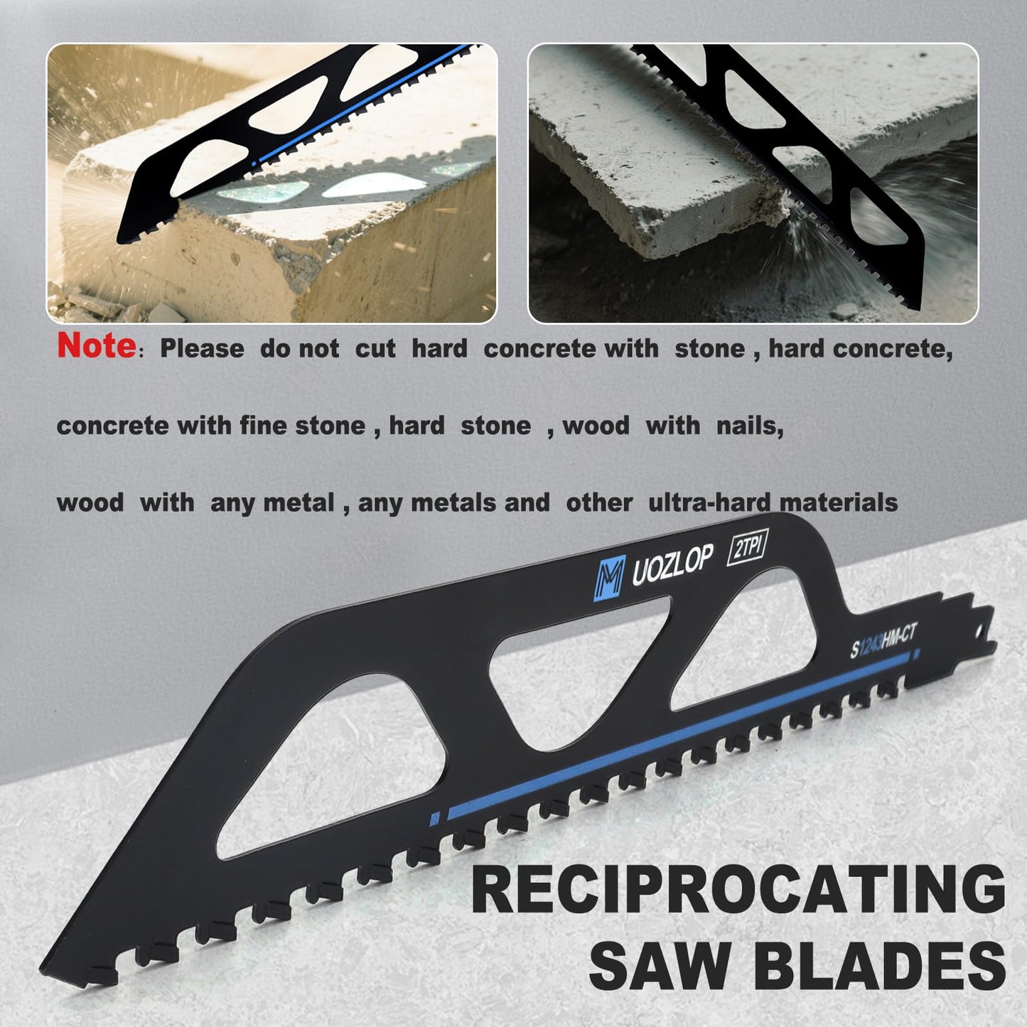 MUOZLOP 12 inch Masonry Reciprocating Saw Blades,2TPI Carbide Blade Strong teeths for Cutting Brick, Cement, Porous Concrete，3 Pack (3, 12 inch)