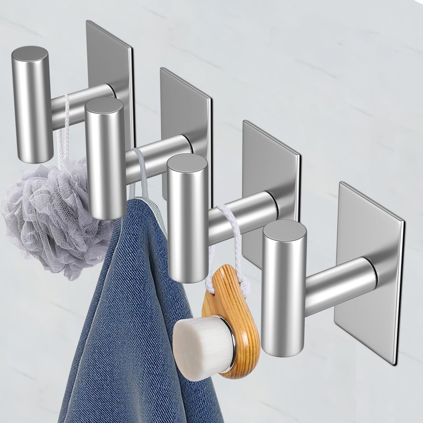 VAEHOLD Wall Towel Hooks, Heavy Duty Sticky Holder Waterproof Towel Hooks for Hanging Coat, Clothes, Closet Hook Wall Mount for Kitchen (Silver, 2 Pack)