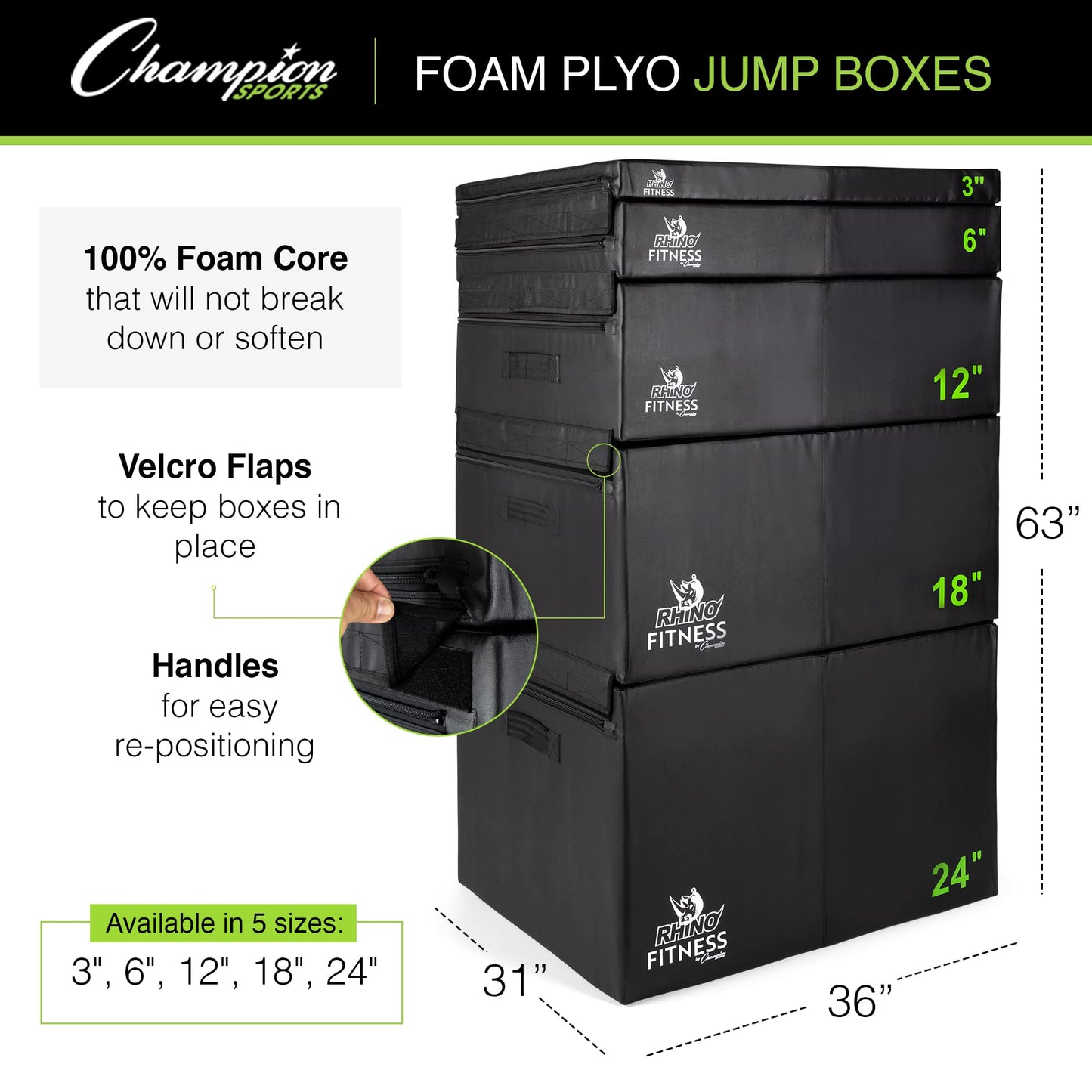 Champion Sports Foam Plyometric Box Set with 6", 12", and 18" Included - Durable Jump Boxes for Training with Handles, Hook and Loop Flaps - Stackable Cross Traning Plyo Box, Jumps for Gym