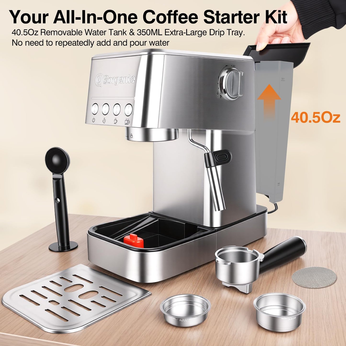 Sorgente Espresso Machine 20 Bar, Stainless Steel Coffee Maker with Milk Frother, 1350W with Fast-Heating System, Innovative Coffee Grounds Filter, Espresso Machines for Home Barista
