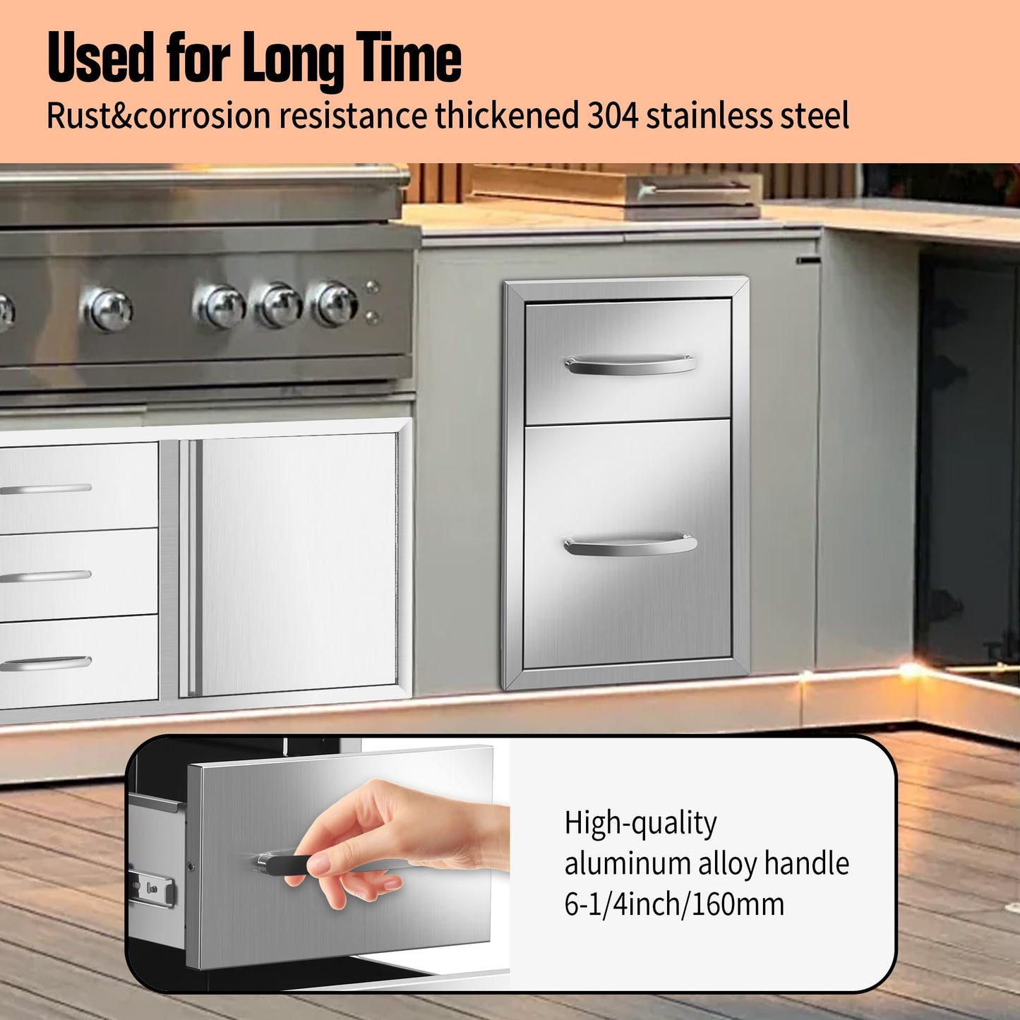 Migoda Outdoor Kitchen BBQ Drawers Stainless Steel Built-in with Handle Weatherproof Storage for Outdoor Grill Station Accessories (13''W x 20.5''H x 21''D)