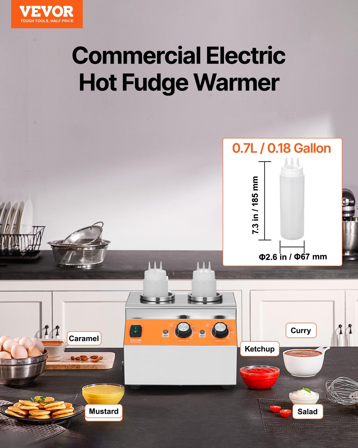 VEVOR Electric Bottle Warmer with Bottles, 0.8x2 LCommercial Cheese Dispenser, Hot Fudge Warmer 86-185℉ Temp Adjustable, Plastic Double Bottles Nacho Cheese Warmer, for Hot Fudge Cheese Caramel