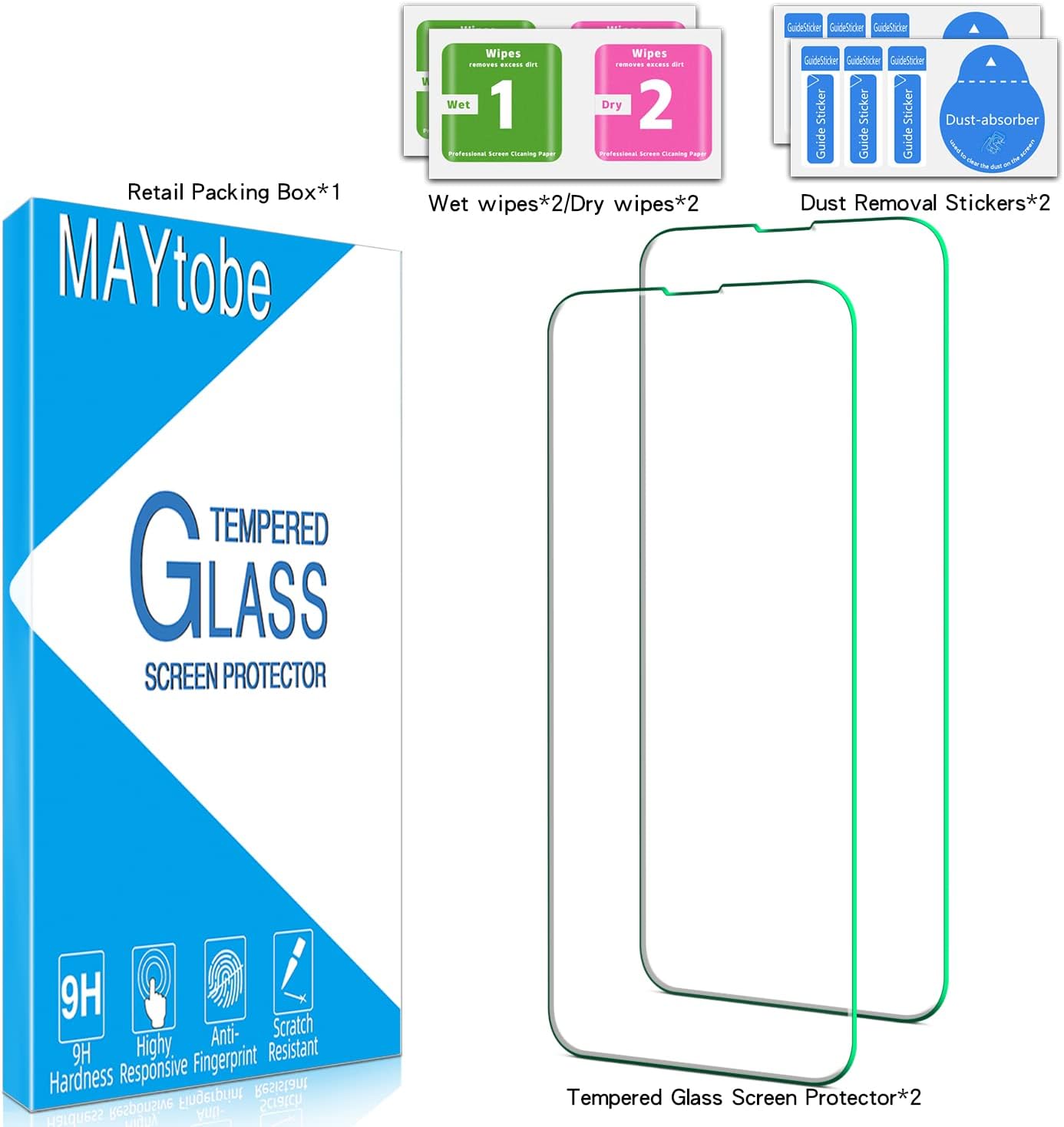 [2 Pack 14 MAYtobe Tempered Glass iPhone Pro Screen Protector, Anti-Scratch, Bubble Free, Case Friendly, Easy